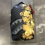 Sprayground Limited Edition Shark Mouth Checkered Backpack Black Gold Zip
